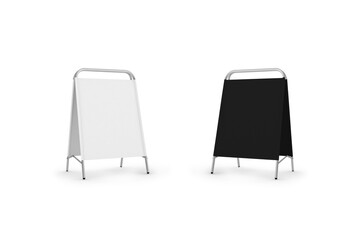Wall Mural - Empty white and black metal outdoor advertising stand mockup set, isolated, 3d rendering. Board of street signs is mocked. A-board with metal frame, outdoor ad stand in front restaurant or cafe.