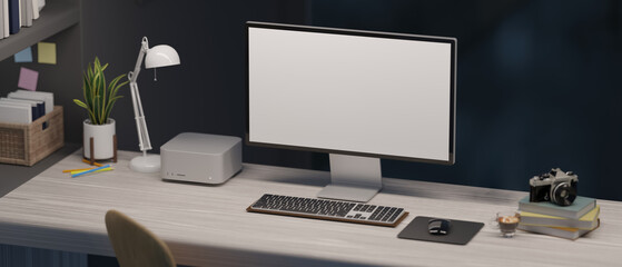 Fototapete - Modern office studio workspace with pc computer mockup on table over black wall.