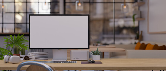Sticker - modern office workplace with computer mockup and office supplies on table.