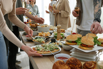 Sticker - People near buffet table with food indoors, closeup. Brunch setting