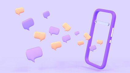 Poster - 3D Mobile chat dialog. Smartphone with speech bubbles icons or sms messages on purple background, angle view. Communication in messenger, chatbot, social media chatting concept, 3d render illustration