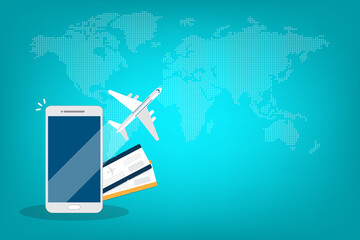 Sticker - Booking online tickets .Buy or check in. Illustration of online ticket, tourism and travel, vacation and journey by plane.