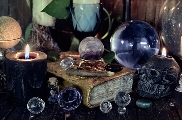 Wall Mural - Wicca, esoteric and occult still life with vintage magic objects on witch table altar for mystic rituals and fortune telling. Halloween and gothic concept