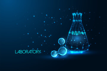 Wall Mural - Futuristic scientific research concept with glowing abstract molecule and laboratory beaker 