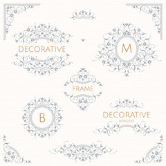 Wall Mural - Collection of decorative elegant monograms, borders, frames, corners. Classic floral ornament. Graphic design pages, business sign, boutiques, cafes, hotels.