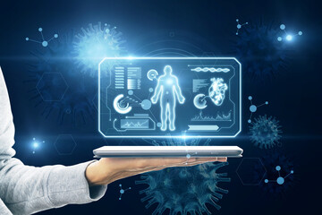 Aufkleber - hand holding tablet with abstract glowing medical cardiology interface on blurry background with virus. Hi-tech technology and medicine of the future concept. Double exposure.