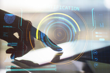 Poster - Close up of female hand using tablet or smartphone with abstract round identification interface on blurry background. Forensic hud and scanner concept. Double exposure.