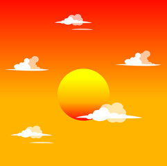 Illustration vector of the sun in a yellow and orange sky with white clouds