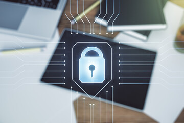 Poster - Creative idea concept with lock symbol and microcircuit illustration and modern digital tablet on background, top view. Protection and firewall concept. Multiexposure