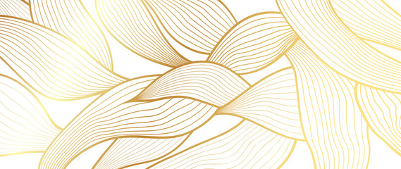 Wall Mural - Luxury golden leaf vector background. Foliage wallpaper design with gold line art on black background, hand drawn leaves. Elegant and shining line design illustration perfect for decorative, prints.