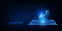 Futuristic Knowledge, Wisdom, Education Concept With Glowing Open Book And Key On Dark Blue