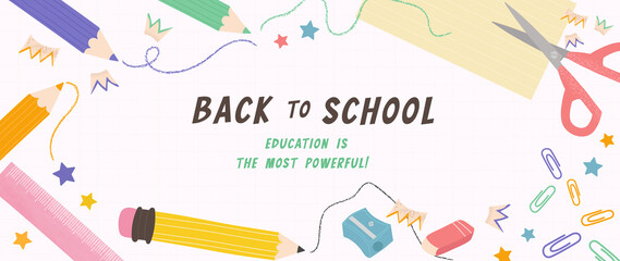 Welcome back to school vector background. Cute hand drawn wallpaper with school stuffs, objects, book, pencil, pen in doodle style. Adorable banner design for education, prints, covers, kids.