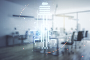 Aufkleber - Virtual creative idea concept with light bulb and microcircuit illustration on a modern furnished office background. Neural networks and machine learning concept. Multiexposure