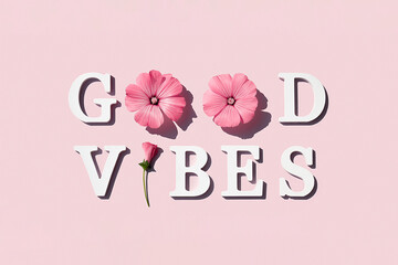 Wall Mural - Good vibes. Motivational quote from white letters and beauty natural flowers on pink background. Creative concept inspirational quote of the day