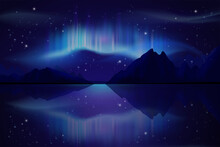 Landscape. Northern Light Mountains Fjord. Vector Aurora In Background