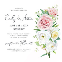 Tender Vector Wedding Invite Save The Date Card. Watercolor Muted Pink, Light Yellow Garden Rose Flowers, Eustoma, Ranunculus, Seeded Eucalyptus, Greenery Leaves Bouquet. Elegant Editable Illustration