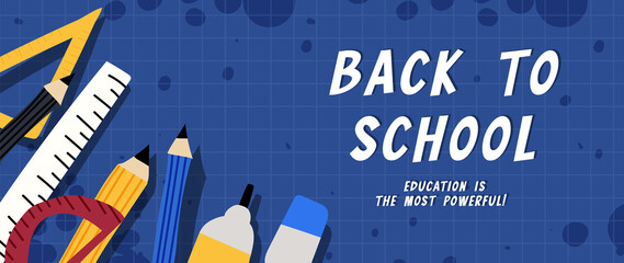 Welcome back to school vector background. Cute hand drawn wallpaper with school stuffs, objects, book, pencil, pen in doodle style. Adorable banner design for education, prints, covers, kids.