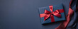 Banner with blue gift box and neckties on dark blue background. Father's day concept.