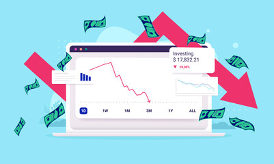 Leinwandbilder - Stock market investment crash - Computer screen showing portfolio going down with red arrow. Financial loss and recession concept, vector illustration