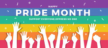 Happy Pride Month White Hands Raised On Rainbow Pride Flag Background Vector Design