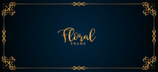 Wall Mural - Classic golden floral frame border blue banner design