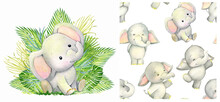 Elephant, Tropical Leaves, Watercolor Set, Clipart And Seamless Pattern, In Cartoon Style, On An Isolated Background.