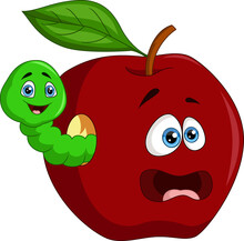 Cute Worm Cartoon With Red Apple