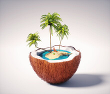 Half Coconut With A Tropical Island Inside.