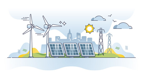 sustainable energy generation with solar or wind sources outline diagram. turbines or sun panels usa