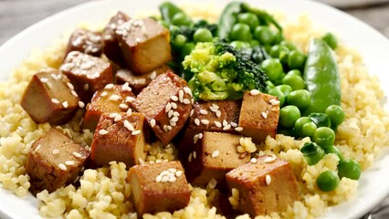 Wall Mural - fried tofu with soy sauce and sesame,  bulgur and green vegetables