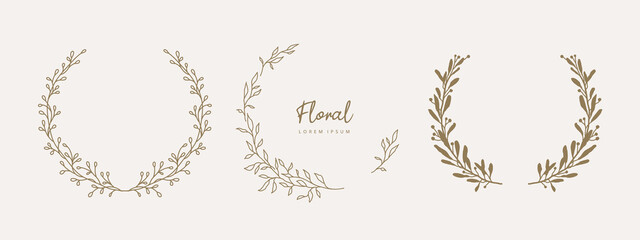 Wall Mural - Hand drawn floral frames with branch and leaves. Elegant logo template. Vector illustration for labels, 
branding business identity, wedding invitation