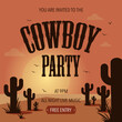 Cowboy party banner, poster or invitation card with sunset in the desert, cactus and flying birds on background. Western mood vector illustration in flat style for wild west theme party.