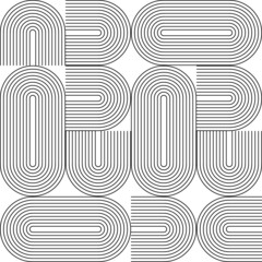 Modern vector abstract seamless geometric pattern with semicircles and circles in retro  style. Black u shapes on white background. Minimalist illustration in Bauhaus style with simple shapes.