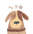 Dog with a question - ball or bone. Watercolor illustration, hand drawn