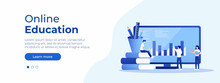 Online Education Concept. Vector Layout For Website Page. Illustration In Flat Style With People Studying Remotely. Students Learning Online At Home. Vector Illustration EPS 10