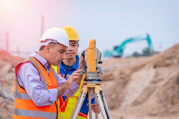 Wall Mural - Surveyor engineer wearing safety uniform ,helmet and radio communication with equipment theodolite to measurement positioning on the construction site of the road with construct machinery background