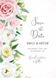 Vector wedding save the date, invitation card. Watercolor muted pink, yellow garden rose flowers, lisanthus, seeded eucalyptus, greenery leaves bouquet chic illustration. Editable floral frame, border