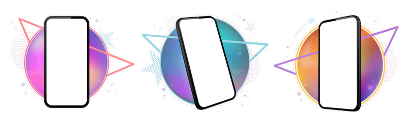Poster - Mobile Phone Vector Mockup Set With Geometric Abstract Backgrounds. Frameless black smartphone perspective views on colorful presentation templates.
