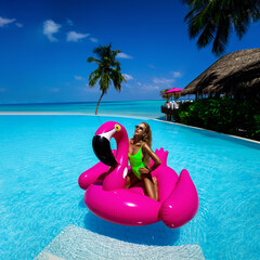 Beautiful sexy tanned woman on pink flamingo in pool. Young glamour girl in swimsuit on Maldives island. Perfect body bikini model in luxury resort on Maldives. Luxury travel. Summertime.