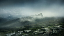 Scary And Mystic Theme, Ancient Castles, Rocks And Mountains In Fog. Conceptual Background For Your Design, Poster, Ad.