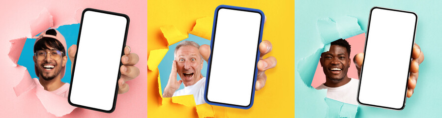 Poster - Diverse men showing white empty smartphone screen through torn paper