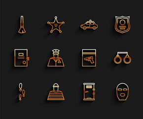 Sticker - Set line Footsteps, Prisoner, Paint brush, cell door, Thief mask, Police officer, Handcuffs and Evidence bag pistol gun icon. Vector