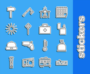 Sticker - Set line Wooden log, Camping gas stove, Lighter, Campfire and pot, Parking, Sun, Road traffic signpost and First aid kit icon. Vector