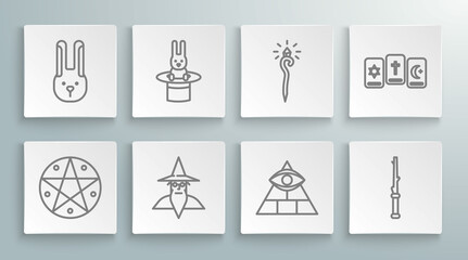 Canvas Print - Set line Pentagram in a circle, Magician hat and rabbit, Wizard warlock, Masons, wand, staff, Three tarot cards and Rabbit with ears icon. Vector