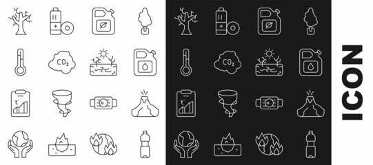 Sticker - Set line Bottle of water, Volcano eruption with lava, Canister for gasoline, Bio fuel canister, CO2 emissions cloud, Meteorology thermometer, Withered tree and Drought icon. Vector