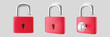 3d red unlocked padlock icon set with key isolated on gray background. Render minimal open padlock with a keyhole. Confidentiality and security concept. 3d cartoon simple vector illustration.