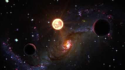 Wall Mural - Space flight slowly moving through universe among planets galaxies stars and nebulae
