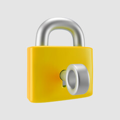 Wall Mural - 3d yellow locked padlock icon with key isolated on gray background. Render minimal closed padlock with a keyhole. Confidentiality and security concept. 3d cartoon simple vector illustration