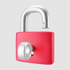 Wall Mural - 3d red unlocked padlock icon with key isolated on gray background. Render minimal open padlock with a keyhole. Confidentiality and security concept. 3d cartoon simple vector illustration