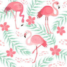 Pink Flamingos In Different Poses. Seamless Pattern. Vector Image.  Background With Exotic Birds, Tropical Plants, Flowers And Leaves